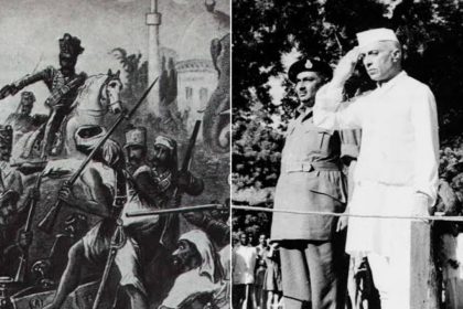 India's 100-year journey to independence, featuring key events and leaders like Gandhi, with a historical theme.