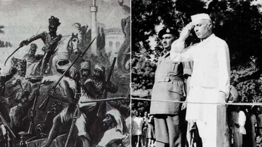 India's 100-year journey to independence, featuring key events and leaders like Gandhi, with a historical theme.